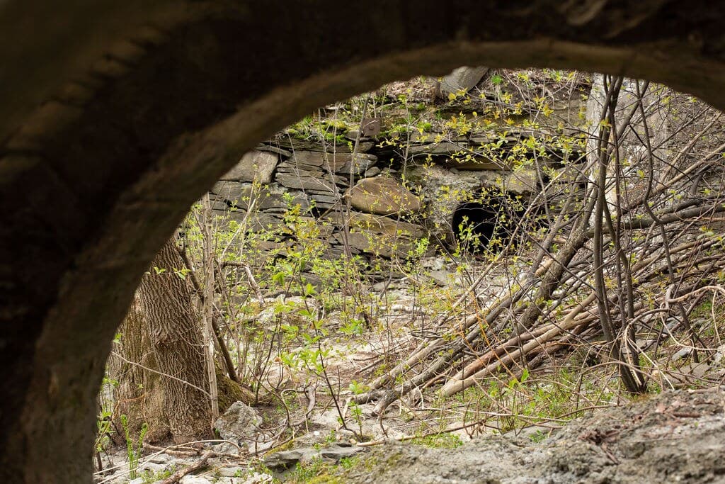 L'arche de béton de l'ancienne conduite, ouverte sur les broussailles